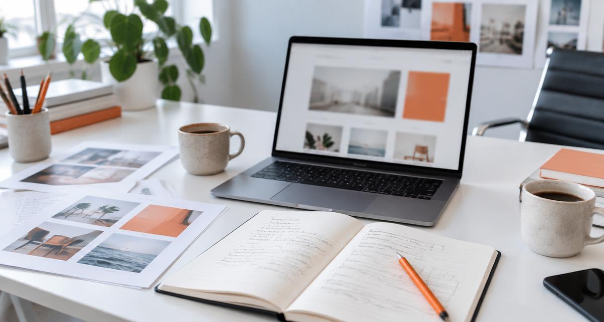 Werktafel van druc met een laptop, notitieboek en paginaontwerpen tijdens het aanscherpen van de eigen website.