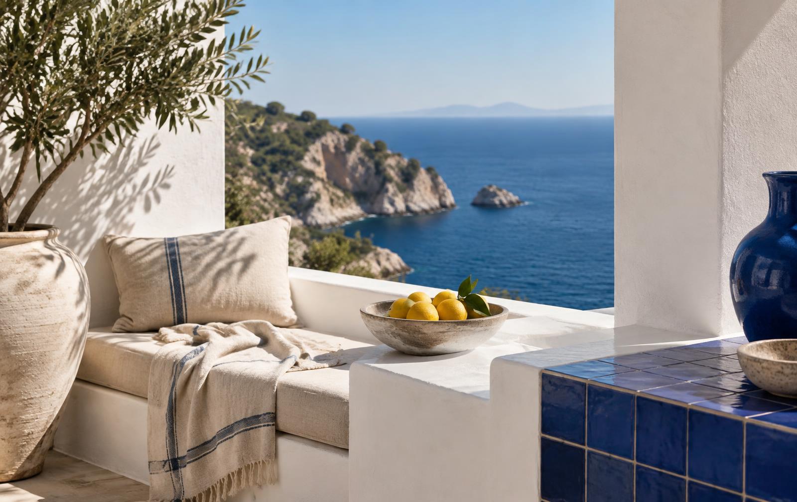 Zonnig mediterraan terras met uitzicht op zee, passend bij de beleving van BoraBoraSpain