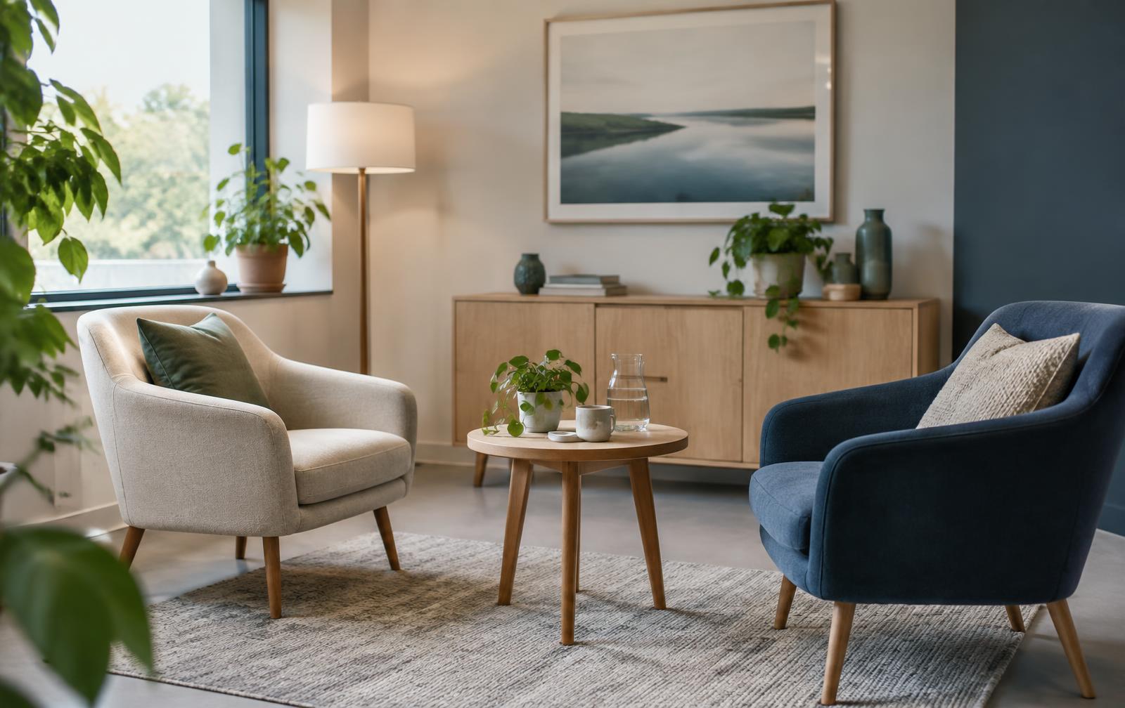 Lichte en rustige gespreksruimte met twee comfortabele stoelen